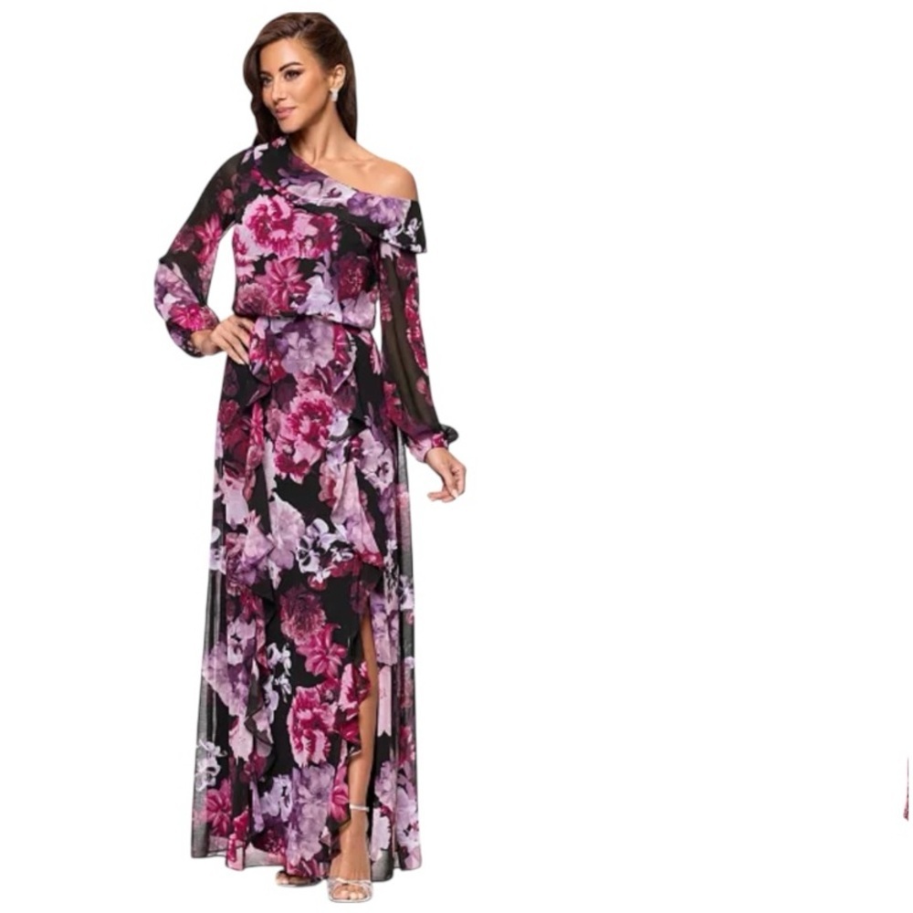 NWT XSCAPE Black Floral Sheer Long Sleeve Ruffle Detail Slit Dress Gown Size 6 - Picture 5 of 7